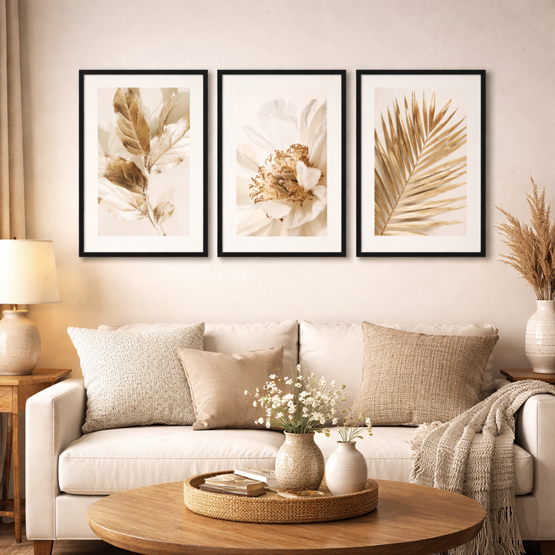 Kit 3 Quadros Folhagem Dourada