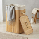 Cesto De Roupa Suja Bambu Dobravel Organizador Forrado Banheiro 60cm Grande Cesto Retangular