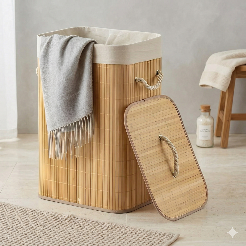Cesto De Roupa Suja Bambu Dobravel Organizador Forrado Banheiro 60cm Grande Cesto Retangular